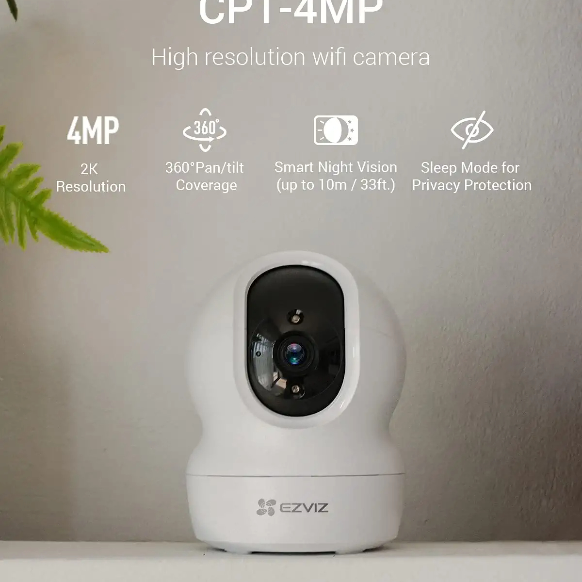 EZVIZ CP1 4MP Caméra Surveillance WiFi Intérieure, Camera IP WiFi & Ethernet 360 ° Pan/Tilt Compatible Alexa, Vision Nocturne Intelligente, Suivi Auto, Audio Bidirectionnel, Mode Veille, H.265